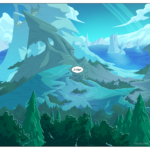A landscape of evergreens in the foreground flanks a set of strangely shaped spire like mountains in the background, descending into the ocean. A speech bubble in the center reads 'S-stop!' as birds are disturbed out of the trees from the noise.