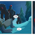 Panel 1: A trio of shadowing figures with red stones jutting from their flesh approach a forth figure, who has fallen to the ground. The person on the ground says "S-stop! No..." Panel 2: Closeup on the red gem embedded in the eye of one of the menacing figures, and the terrified face of his victim reflected within. The victim says "Get away..." weakly,