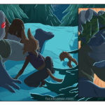 Panel 1: Three figures, two with rocky bodies and one with large furry ears and a tail, hold a fourth rocky figure, their victim, to the ground. The aggressors all sport red gems embedded in their flesh. Victim: "Help me!" Panel 2: The Victim reaches out as his head is grabbed and his mouth is covered. Victim: "Please helph mfff--" Panel 3: A dark skinned man with green hair watches, keeping his own mouth covered as he hides in the bushes.