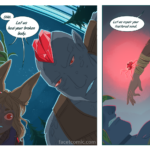 Panel 1: Three people, two rocklike and one with large, floppy ears, gaze down at the victim. Their eyes are all red, as are the gems embedded in their flesh. Rubies: "Shhh. Let us heal your broken body." Panel 2: The figure with the ears extends a hand towards the victim's face, a gem-like spider creature walks down it, clearly one of the stones that lives inside the figure's skin. Rubies: "Let us repair your fractured mind." Panel 3: The spider creature crawls off the hand and onto the victim's nose.