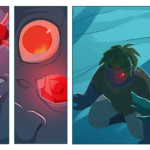 Panel 1: A red, gem-like spider creature burrows into the cheek of its victim. Panel 2: The victim's eyes turn red as the spider creature fully embeds itself. Panel 3: The victim stands, no longer terrified.