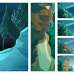 Panel 1: Dark figures walk off into the distance, there is one more among them than there originally were. Panel 2: A dark skinned man with green hair (Saberic) holds a hand over his mouth as he watches from his hiding place in some foliage. Panel 3-6: Saberic crouches in the bushes as the moon sinks below the horizon, as the sun starts to come up, he looks out from his hiding place and stands.