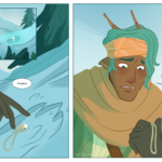 Panel 1: Footprints on the ground leading into the distance, something sparkles inside of the the prints. Panel 2: A hand reaches towards a jeweled pendant on a chain left in the footprint. Voice: "I'm sorry." Panel 3: A dark-skinned man (Saberic) with green hair and antennae holds the pendant, looking upset. Saberic: "I couldn't..."