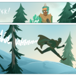 Panel 1: A green haired man with antennae (Saberic) looks frightened and is reacting to the sound of branches breaking nearby. Panel 2: Saberic is now running down the mountain, screaming.