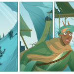 Panel 1: Saberic is running up a steep stretch out mountain, passing a merchant heading down the road. He is still screaming, but not quite as loudly. Panels 2-3: Saberic runs through a section of the mountain with scaffolding and battered cloth hanging, supplies piled on these makeshift structures. An older refugee watches as he passes, as he breathes heavily.