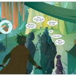 Panel 1: Saberic finds himself at the edge of the refugee camp, at the gates of Jerigor. There is a massive line leading up to the gate of refugees and people wanting to enter the city. Saberic looks upset, various people in line are complaining: "