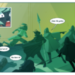 Panel 1: The crowd panics: "Rubies?!" Panel 2: The crowd rushes the gate, Saberic is caught in the middle between the refugees and the guards. "It's not safe!" "Let us in!" "You have to!" Guard: "Close the gates." Panel 2: One of the guards reaches back towards the massive door, their hand emanating a green glow. Guard: "Not again."