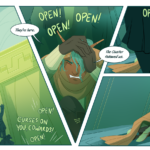 Panel 1: Guards now safely at the top of the wall look down on the crowd as they chant 'open the gates' and curses, some attempting to climb it. Panel 2: Saberic is still crouched down, covering his head as the crowd surges around him. Saberic: They're here. The Cluster followed us. Panel 3: The crowd is running past Saberic, starting to leave him behind. Panel 4: Saberic is now alone on the ground. Saberic: (softly) You have to believe me.